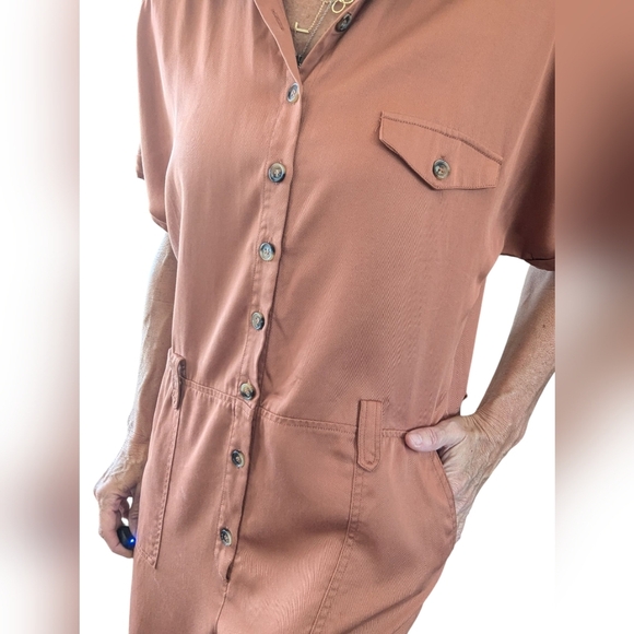 FRNCH Cognac Short Sleeve Button Up Utility One Piece Minimalist Jumpsuit Size S - Picture 15 of 16